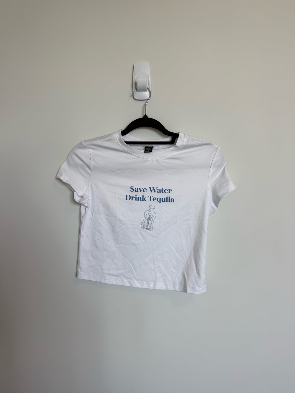 SHEIN White Short Sleeve Tee with Blue 'Save Water Drink Tequila' Print